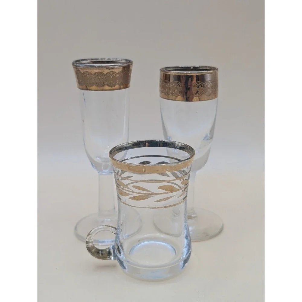 Vintage Gold-Rimmed Cordial Liqueur Glasses Moroccan Pair Aqua Inside Lot 3